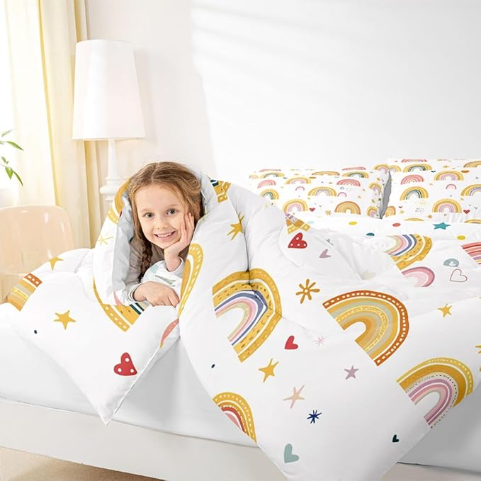 Erosebridal Girls Rainbow Comforter Set, Love Heart Bedding Set King Size for Kids Boys Children Women, Cartoon Style Stars Duvet Insert Girly Soft Microfiber Quilted Duvet for Bedroom Decor - Image 6