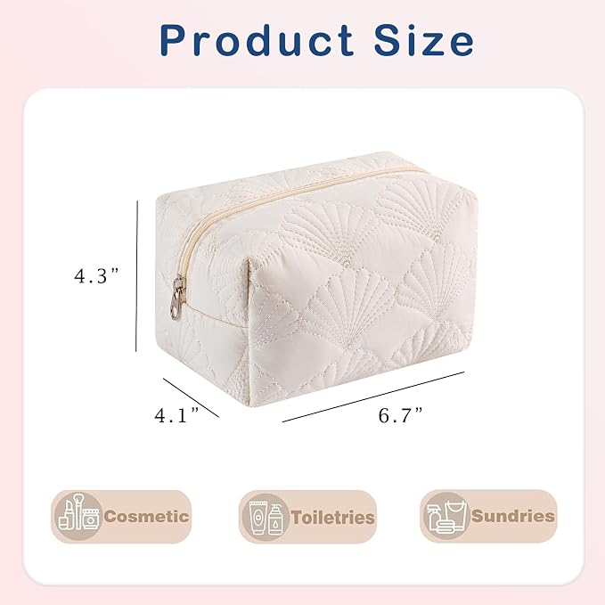 RSRSLEII Small Quilted Cotton Coquette Makeup bag, White Coastal Granddaughter Aesthetic Cosmetic Bag, Cute Seashell Portable Travel Toiletry Pouch (07Small White) - Image 2