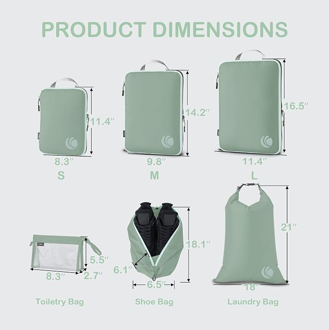 Cipway Compression Packing Cubes, Lightweight Travel Luggage Organizers with Shoe, Toiletry & Laundry Bags, Travel Essentials for Carry-on Suitcase (8 Piece, Sage Green) - Image 4