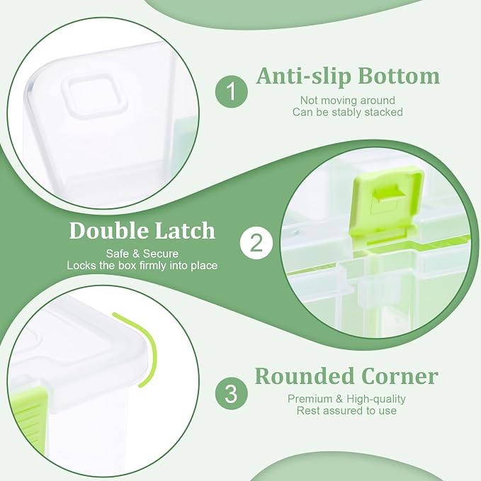 BTSKY Clear Plastic Dividing Storage Box with 4 Compartments Adjustable Storage Bin with Lid Plastic Craft Storage Container Multipurpose Sewing Box Art Supply Organizer, 13.3x8.1x3.4 Inches, Green - Image 9