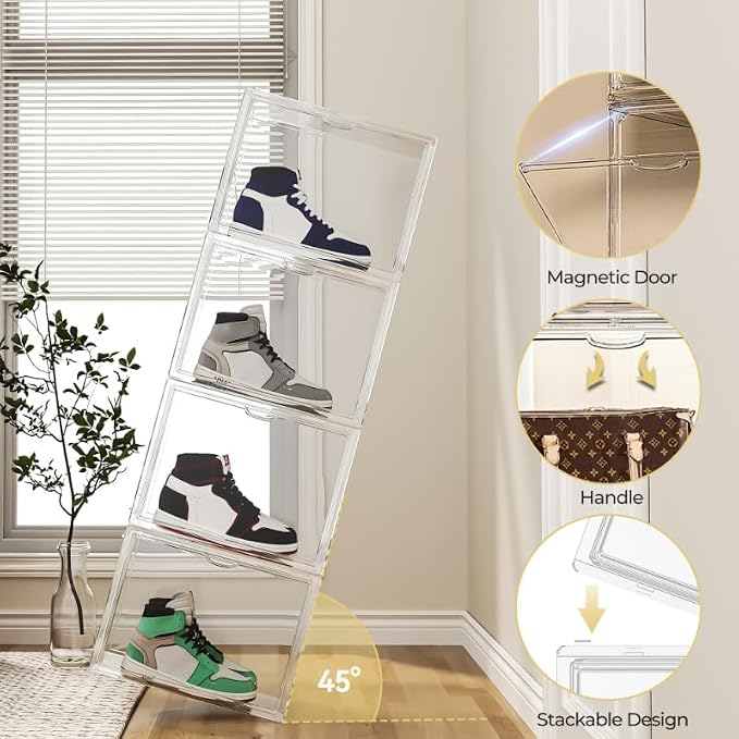 15.75''x11.81''x9.84'' XX-Large Clear Shoe Storage Boxes with Divider, Stackable Plastic Boot Boxes with Magnetic Door, Acrylic display case Box with Lids for Sneaker Purses Handbags Books (3) - Image 5