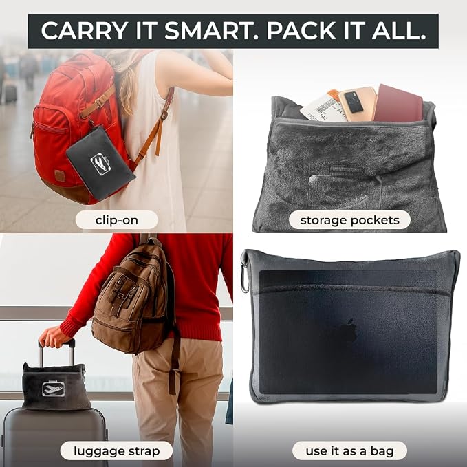 FlyHugz Grey Travel Blanket & Pillow Set (59.1"x47.2") with Carry Case, Luggage Sleeve & Clip – Portable, Lightweight, Breathable & Washable – Perfect for Plane, Car, Camping & Travel - Image 3