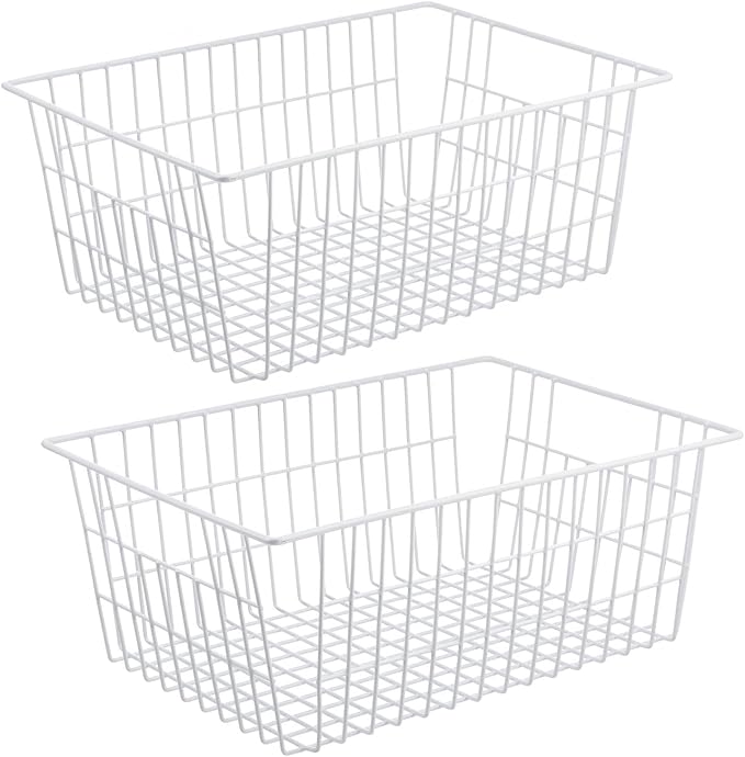 iPEGTOP Wire Storage Freezer Baskets, Set of 2 13.4" Household Organizer Storage Bins Fridge Basket Rack with Handles for Kitchen Cabinets, Pantry, Office, Bathroom Organization - White by iPEGTOP