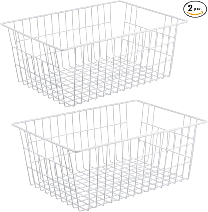 iPEGTOP Wire Storage Freezer Baskets, Set of 2 Large 15.4" Household Metal Organizer Storage Bins Basket for Kitchen Cabinets, Refrigerators, White by iPEGTOP