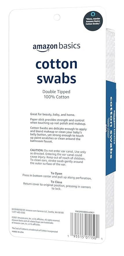 Amazon Basics Cotton Swabs for Personal Hygiene and Baby Care, 2000 Count, 4 Pack of 500 Count