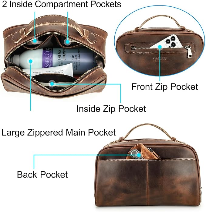 Contacts Full Grain Leather Travel Toiletry Bag for Men Wash Bag Bathroom Shaving Dopp Kit Toiletries Organizer Vintage Cosmetic Bag - Image 4