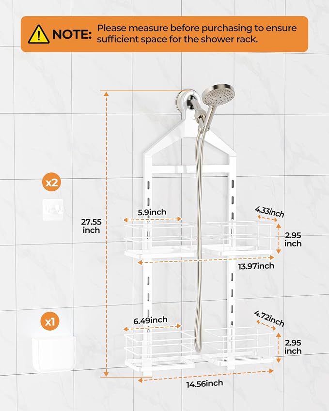 ODesign 2 Tier Shower Caddy for Handheld Shower Heads Anti-Swing White | No drilling required,comes with removable hook and storage box,suitable for handheld and wall-mounted showerheads - Image 2
