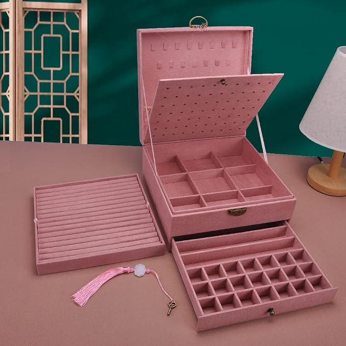 Jewelry Organizer 5 Layers Velvet Square Jewelry Box Women Necklace Ear studs Display Bangles Large Jewelry Storage Case Drawer GY306 (Pink) - Image 4