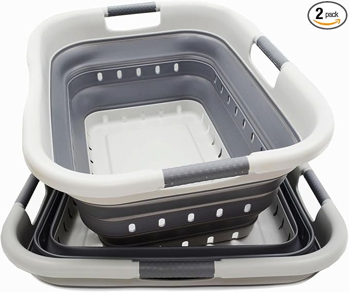 SAMMART 41L (10.8 gallon) Set of 2 Collapsible 3 Handled Plastic Laundry Basket-Foldable Pop Up Storage Container/Organizer-Space Saving Hamper/Basket (2, Grey/Dark Grey) by SAMMART