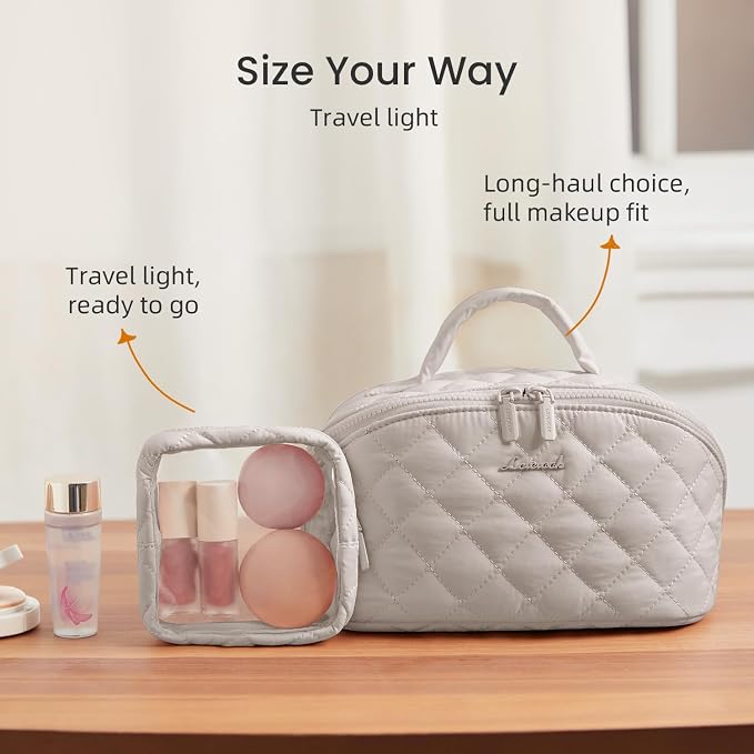 LOVEVOOK Travel Makeup Bag for Women, 2Pcs Puffer Waterproof Cosmetic Organizer, Large Capacity Pouch Open Flat Small Toiletry Bag with Brush Compartment & Handle (Light khaki, Large) - Image 6