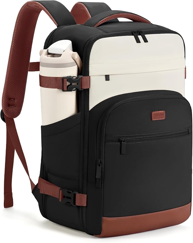 mibasies 40L Travel Backpack for Women & Men: Flight Approved Carry On Backpack, TSA Personal Item Bag with Water Bottle Pocket, Weekender Essentials Backpacks fits 17" Laptop - Black White Brown by mibasies