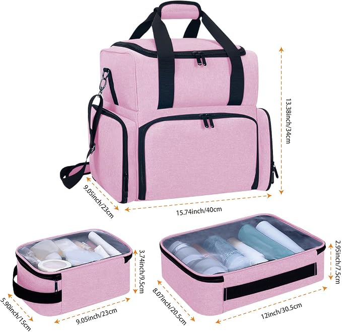 Large Makeup Bag Double Layer with 3 Removable Case,Pink | Large Makeup Bag with 3 Removable Case and 2 Removable Dividers Double Layer Travel Cosmetic Makeup Brushes Storage Section - Image 2