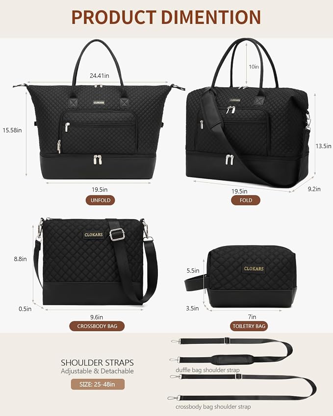 Weekender Bags for Women, Travel Duffle Bag Carry On Overnight Bag with Cosmetics Bag and Crossbody Purse for Gym Hospital, Gifts for Women, Black - Image 3