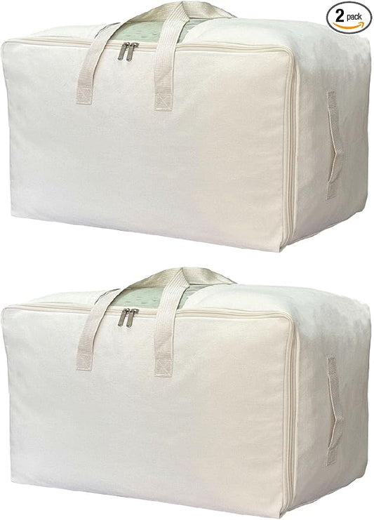 DoYiKe Soft Canvas Clothes Storage Bags with Four Carrying Handles and Clear Window, Closet Organizer for Clothing, Blankets Sheets and Bedding, 55L, 2 Pack, Beige by DoYiKe
