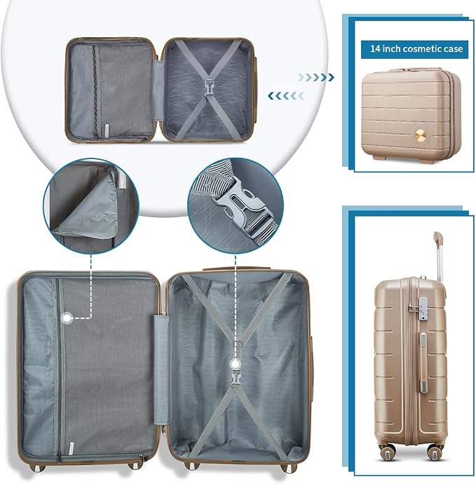 Somago Luggage Sets 3 Piece Hard Shell Polypropylene Suitcase with TSA Lock Spinner Carry On Luggage with Beauty Case Travel Set,Noble Golden - Image 5