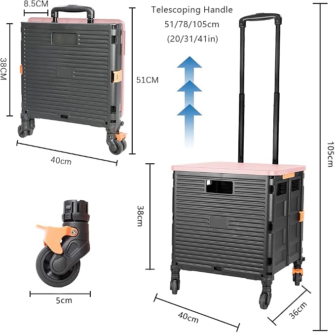 Quick Utility Cart Folding Portable Rolling Crate Handcart with Durable Heavy Duty Plastic Telescoping Handle Collapsible 4 Rotate Wheels for Travel Shopping Moving Luggage Office Use (black&pink lid) - Image 3