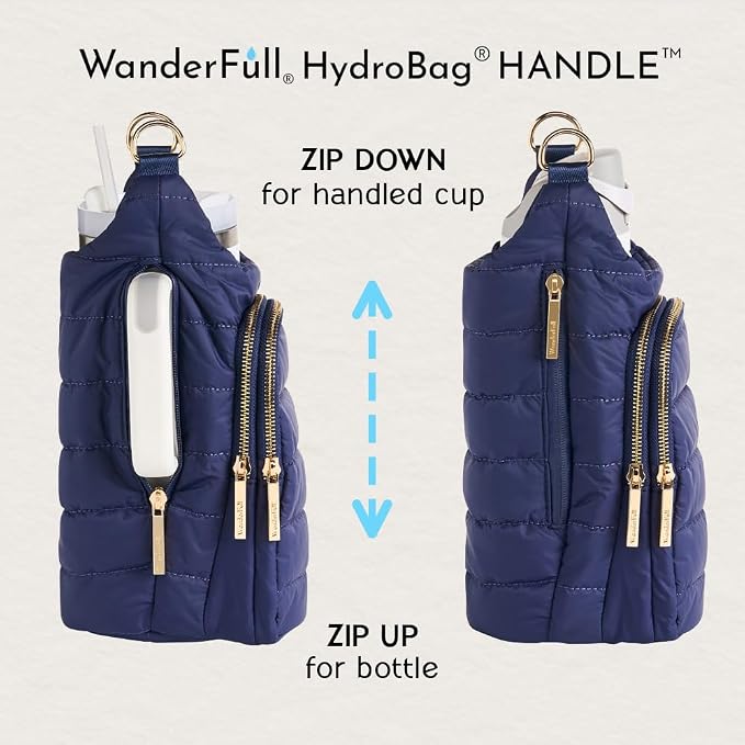 WanderFull Original HydroBag Handle®, Zipper for Handle, 40 oz Water Bottle Holder w/Strap, Crossbody Carrier Bag w/Phone Pocket, Tumbler Accessories - Navy Matte w/Vegan Leather Trimmed Strap - Image 5