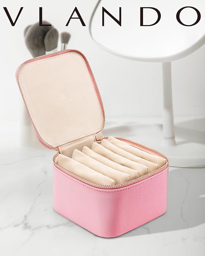VLANDO Travel Jewelry Box for Women,Faux Leather Jewelry Case with 6 Velvet Jewelry Zipper Pockets,Gift Ideas for Women Wife Earrings Necklace Rings Storage Boxes(Strawberry Pink) - Image 2