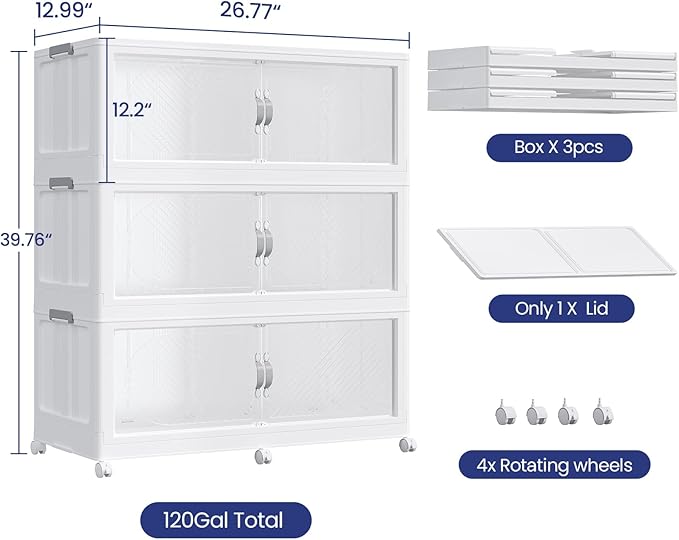90Gal/360QT 3-Tiers Extra Large Stackable Storage Bins with Lid, Collapsible Cabinet Closet Organizer Plastic Container Box with Wheels Doors Drawers for Office Dorm Kitchen, White - Image 2