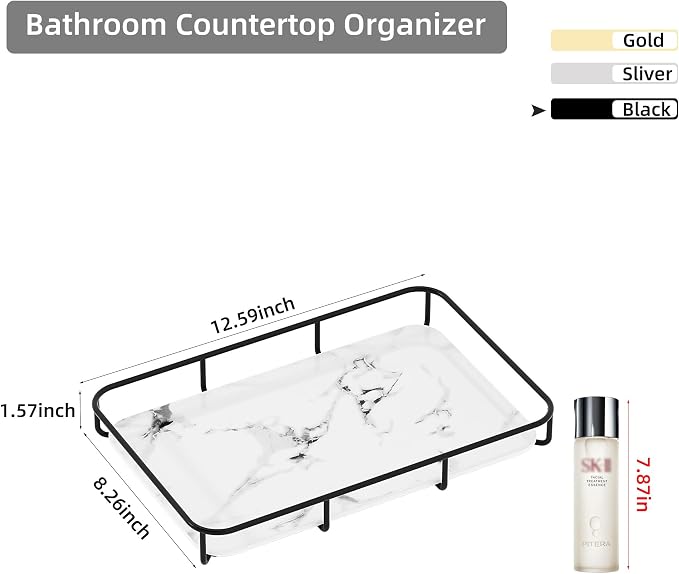 Dobbyby Vanity Tray Makeup Organizer Cosmetics Storage Bathroom Skincare Organizer Countertop Display Rack in Dresser Stainless Steel Shelf Marble Print Ceramic Trays - Image 2