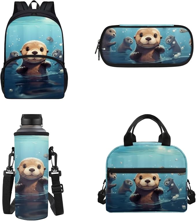 POLERO Sea Otter Backpack and Lunch Bag Set for Girls Boys Cute Cartoon Bookbags Children School Bag for Middle Elementary School by WelcometoPOLERO