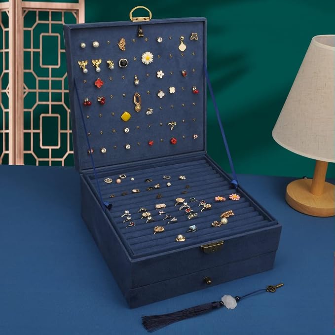 Jewelry Organizer 5 Layers Velvet Square Jewelry Box Women Necklace Ear studs Display Bangles Large Jewelry Storage Case Drawer GY306 (Navy) - Image 5