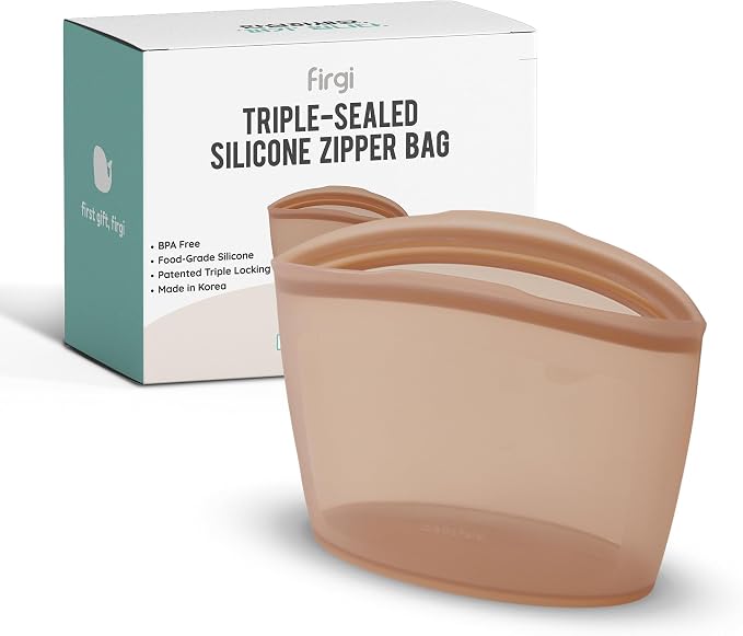 Reusable Silicone Sandwich Bag, 3.5 Cups, Food Storage Container, Made in Korea BPA-Free Platinum Silicone, Reusable Freezer Bag, Microwave Safe, Sous Vide, Lunch Baggies, 29oz, Brown | Reusable Zip Bag by FIRGI-FirstGift