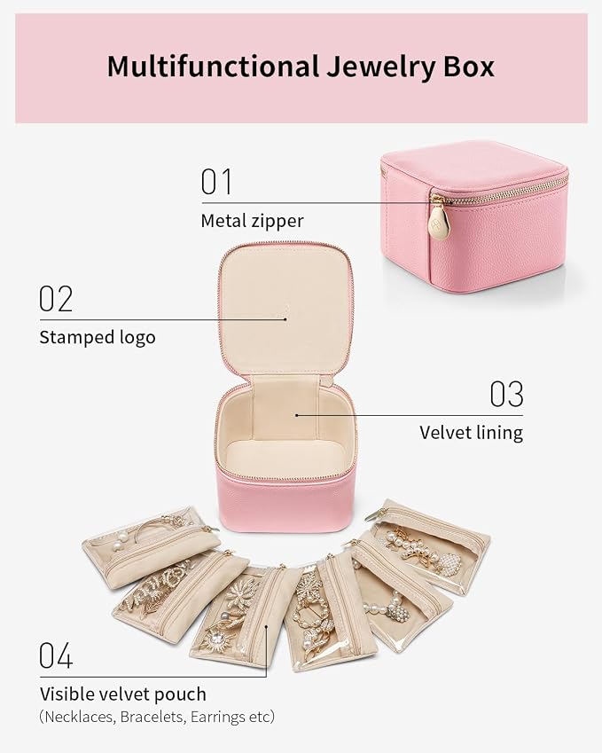 VLANDO Travel Jewelry Box for Women,Faux Leather Jewelry Case with 6 Velvet Jewelry Zipper Pockets,Gift Ideas for Women Wife Earrings Necklace Rings Storage Boxes(Strawberry Pink) - Image 3