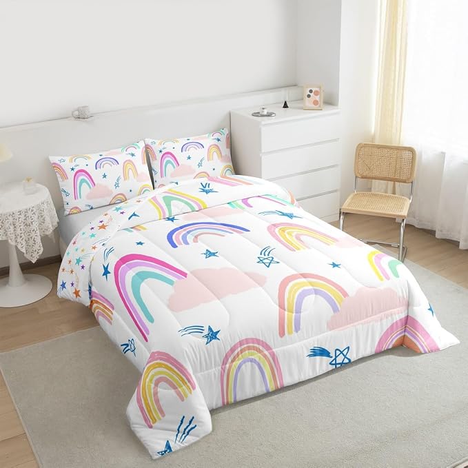 Rainbow Comforter Set For Girls Kids, Cartoon Sun Cloud Quilt Kawaii Room Decor Queen Size, Girly Iridescent Stripes Duvet Insert Hand Drawn Down Comforter 3 Pieces With 2 Pillow Cases, Colorful - Image 4