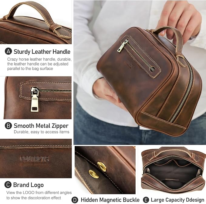 Contacts Full Grain Leather Travel Toiletry Bag for Men Wash Bag Bathroom Shaving Dopp Kit Toiletries Organizer Vintage Cosmetic Bag - Image 5