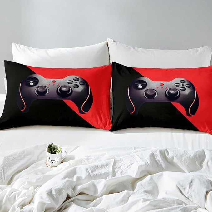 Games Duvet Cover Boys Kids Gamepad Bedding Set Video Game Controller Room Decor Comforter Cover for Teen Girls Player Modern Gamer Console Bedding,1 Duvet Cover with 2 Pillow Cases,Full,Black Red - Image 7