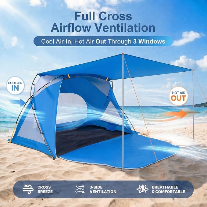 Beach Tent, Portable Sun Shelter for 2/3/4/6-8 Person with UPF 50+ UV Protection, Easy Setup Waterproof Beach Shade Canopy Cabana for Family Outdoor and Picnics, Fishing with Carrying Bag - Image 6