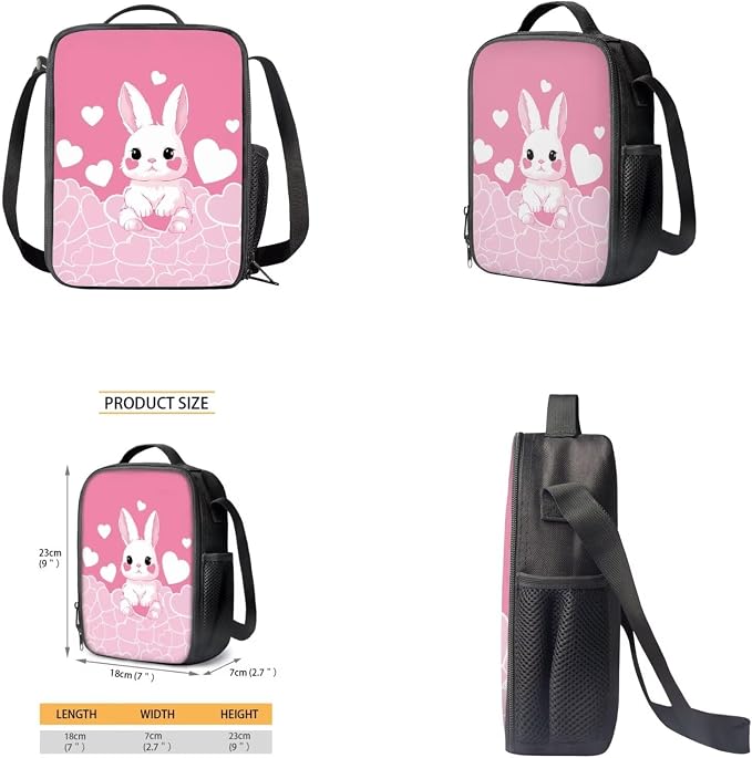 Bunny Backpack for Girls Kids Backpack with Lunch Box Water Bottle Carrier with Strap and Cute Pencil Case 4PCS Set Bookbag with Front Pocket for School 17 inch School Bag for Elementary Girls - Image 4