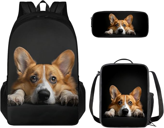 Coloranimal Cute Corgi Backpack Set School Backpack for Boys Girls Mini Cooler Warm Lunch Bag Zipper Around Pencil Bag Book Bag Rucksack Back to School Gifts by Coloranimal
