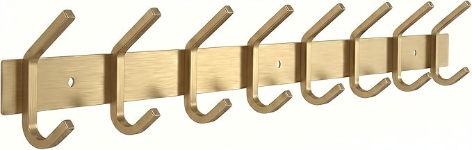 Brushed Gold Wall Mounted Coat Rack – 24 Inch Stainless Steel Rail with 8 Double Coat Hooks for Entryway, Bathroom, Bedroom, Kitchen – Modern Gold Hook Rack for Coats, Hats, Towels by SAYONEYES
