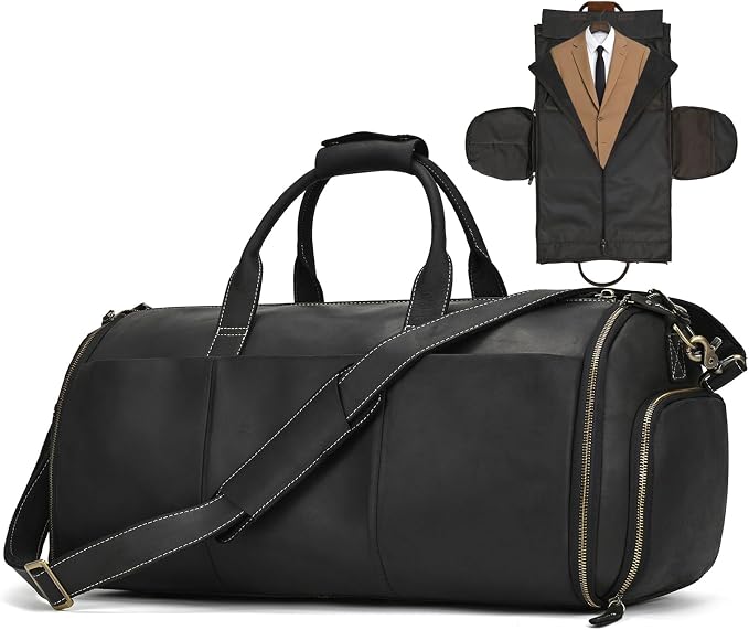 Full Grain Leather Duffel Bag for Men, 2-in-1 Garment Travel Bag with Shoe Compartment, Weekender Overnight Bag for Business Trip, Black by Unknown
