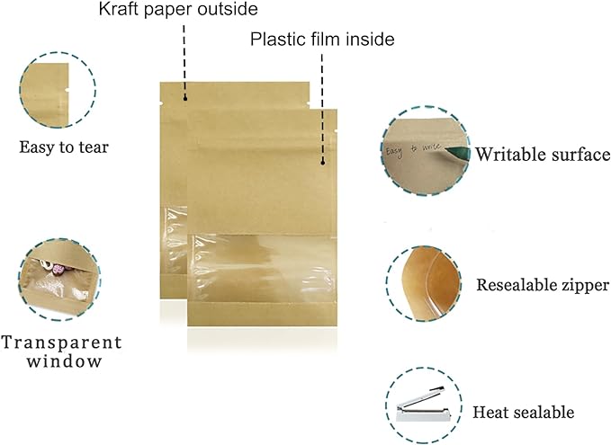 PABCK 1000 Pack 2.7x3.5 inch (Inner Size 2.36x2.36 inch) Clear Window Brown Kraft Paper for Zip Seed Packets Lock Food Storage Bags Zipper Lock Seeds Envelopes Resealable Heat Seal Pouch Coffee Packet - Image 2