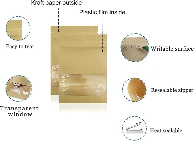 PABCK 1000 Pack 5.1x7.08 inch (Inner Size 4.7x5.7 inch) Clear Window Brown Kraft Paper for Zip Bag Seed Packets Lock Food Storage Bags Zipper Lock Envelopes Resealable Heat Seal Pouch Coffee Packet - Image 2