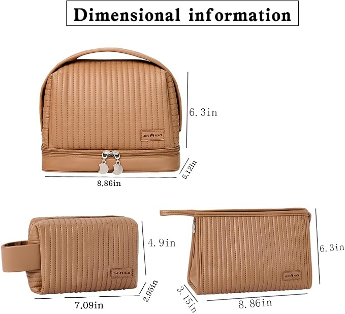 Women's Cute Cosmetic Bags Travel Toiletry Bag Waterproof Leather Cosmetic Bag Set with Handle Zipper Portable Makeup Bags Storage Bag On-the-Go Cosmetic Bag（Brown） - Image 3