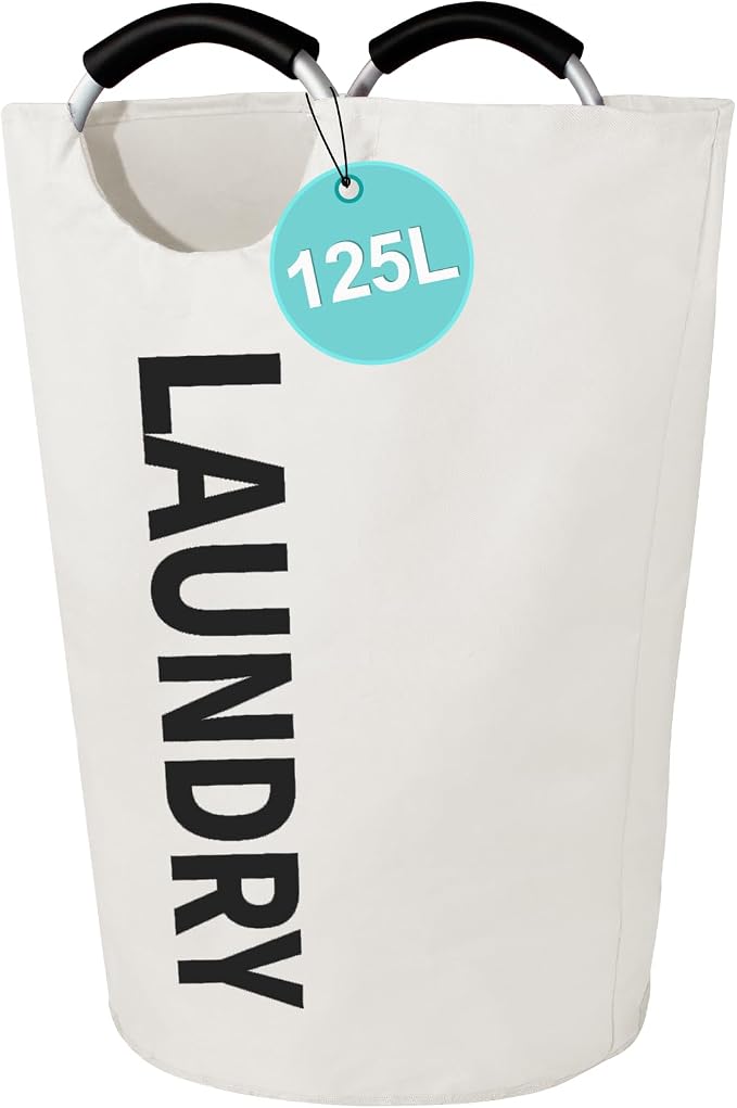 WOOHA 125L Large laundrybasket,Collapsible laundry hamper, Tall Clothes Baskets Folding Washing Bin Foldable Fabric Hamper Bags for Bedroom, Closet,Bathroom,College,laundry bag,beige by WOOHA