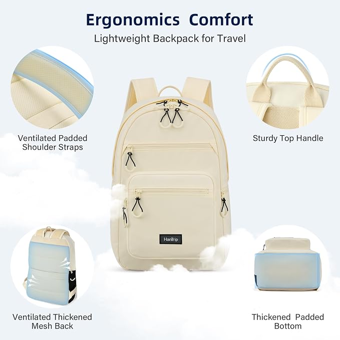 HanTrip Carry On Travel Backpack For Women, 18 Inch Water Resistant Large Backpack Lightweight Bookbag For Men, 8x14x18 Personal Item Bag Casual Daypack Backpacks For Work Office Commuter (Offwhite) - Image 5
