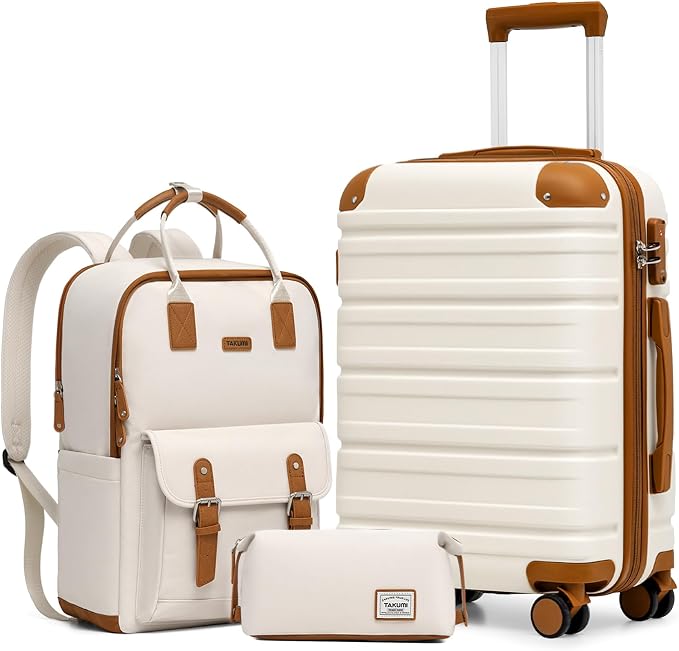 TAKUMI Luggage Sets 3 Piece, 20 Inch Carry On Luggage Set with Backpack, PC+ABS Hardshell Suitcases with Wheels, Lightweight Travel Luggage with TSA Lock for Women, Men (WHITE BROWN, 3 PIECE SET（BP）) by TAKUMI