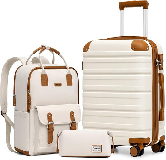 TAKUMI Luggage Sets 3 Piece, 20 Inch Carry On Luggage Set with Backpack, PC+ABS Hardshell Suitcases with Wheels, Lightweight Travel Luggage with TSA Lock for Women, Men (WHITE BROWN, 3 PIECE SET（BP）) by TAKUMI