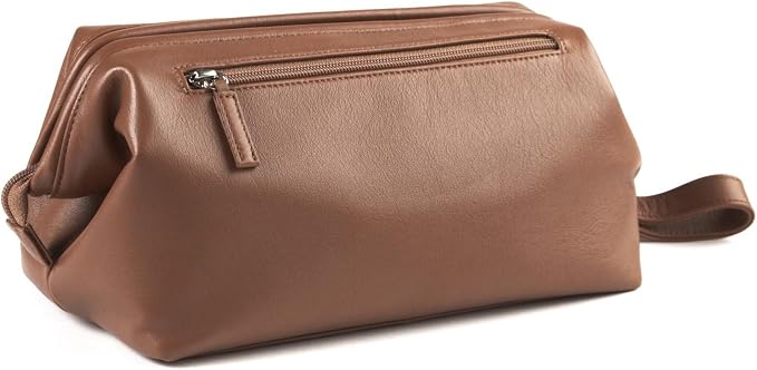 Leatherology Cognac Framed Toiletry Bag – Full Grain Leather Dopp Kit for Men with Wide-Mouth Opening, Interior & Exterior Zippered Pockets, Water-Resistant Lining - Image 2