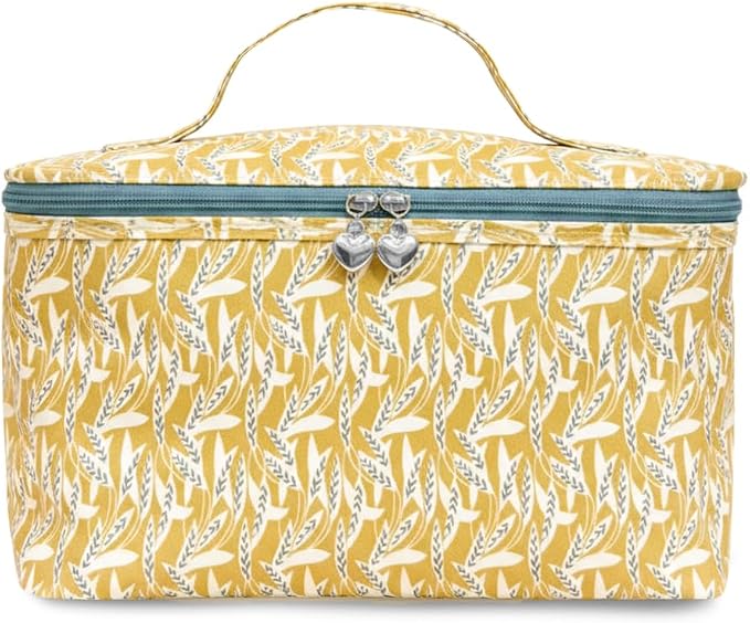 Jacaranda Living Vanity Bag/Train Case - Water-Resistant, PVC-Lined, Easy to Clean, Compact & Travel Ready Makeup Organizer - Leaf Dance Print by JacarandaLiving