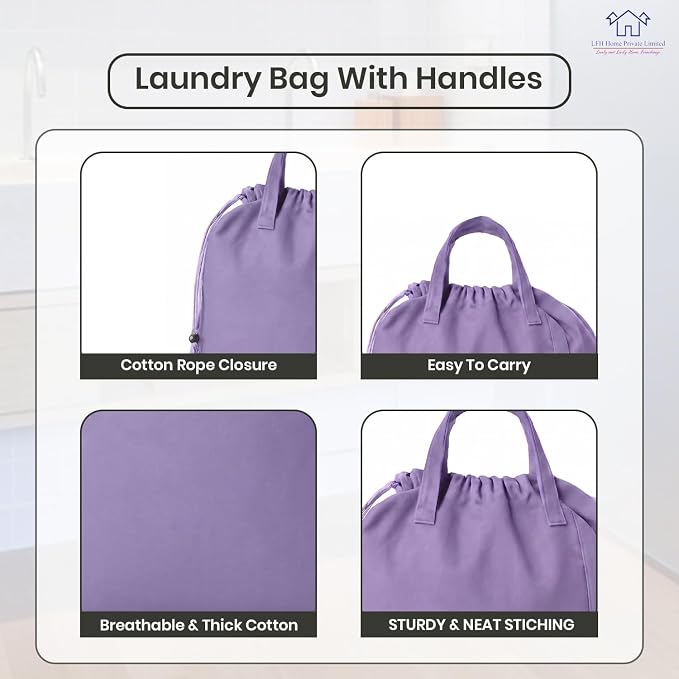 LFH Home Cotton Rich Large Premium Canvas Laundry Bag, Heavy Duty Washable Laundry Hamper with Drawstring & Handles, Multi-Use Clothes Storage for Home, Travel & College 28"x40" (Pack of 2) - Lavender - Image 3