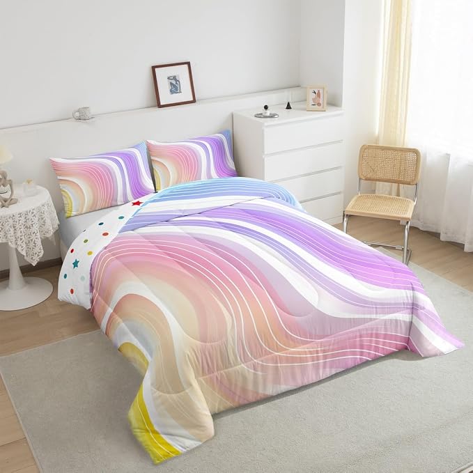 Erosebridal Kids Rainbow Comforter Set Watercolor Fluid Print Duvet Sets Twin Size, Girls Rainbow Stripe Bright Bedding Set Pink Blue Pastel Bedding Comforters 2 Pieces with 1 Pillow Case - Image 5