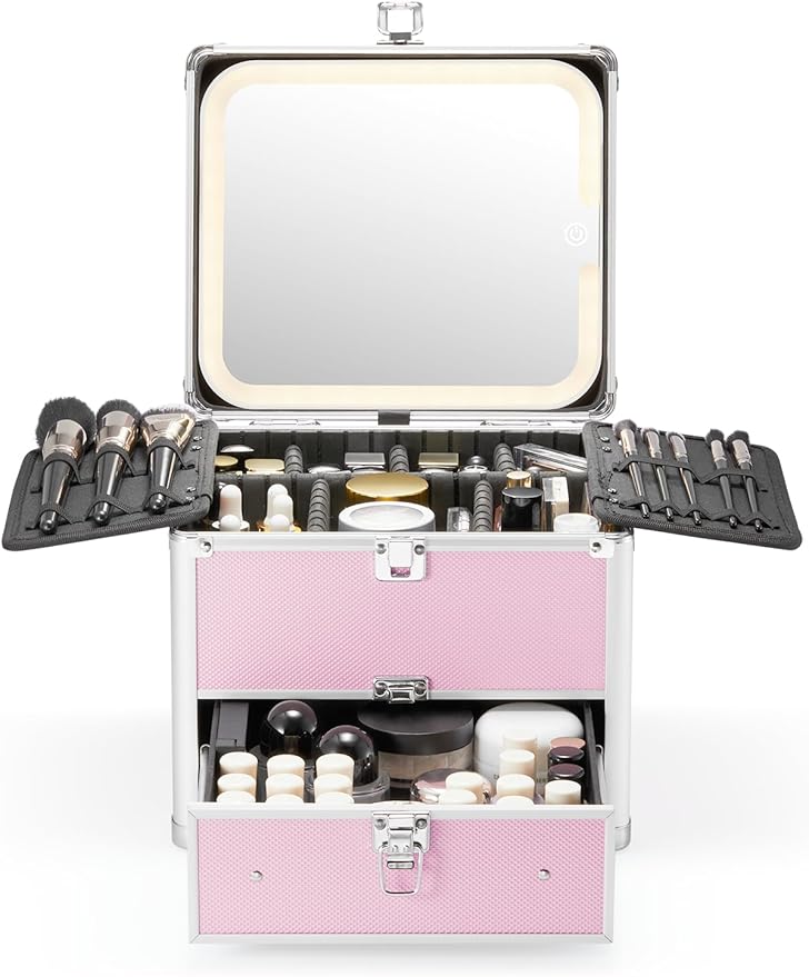 Qislee Makeup Box with Detachable Magnetic LED Mirror, Travel Train Case | Make Up Bag with Drawer, 6 Adjustable EVA Dividers, 2 Brush Boards, for Flight Trips, Waterproof Portable, ICY Pink by Qislee