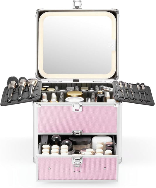 Qislee Makeup Box with Detachable Magnetic LED Mirror, Travel Train Case | Make Up Bag with Drawer, 6 Adjustable EVA Dividers, 2 Brush Boards, for Flight Trips, Waterproof Portable, ICY Pink by Qislee