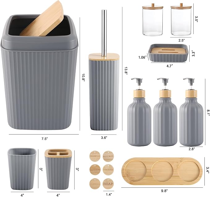 Grey Bathroom Accessories Set 17PCS Bathroom Set with Trash Can 3PCS Lotion Soap Dispenser, Toothbrush Holder, Soap Dish,Tumbler Cup,6PCS Wood Tags Bath Accessories with Tray for Bathroom - Image 4